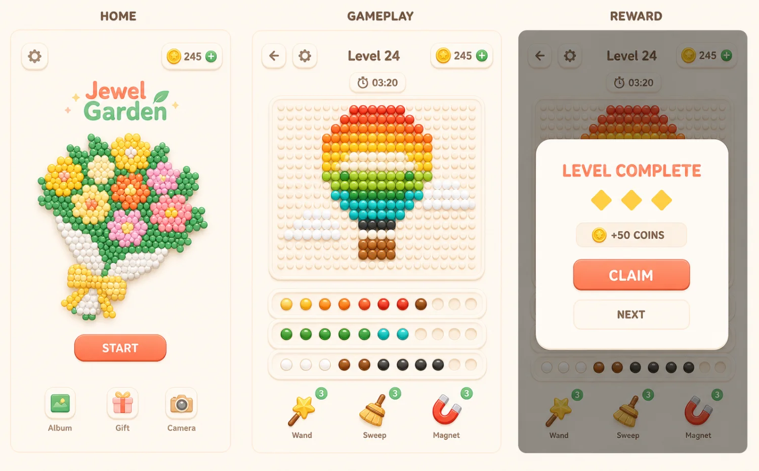 Jewel Garden home, gameplay, and reward screens